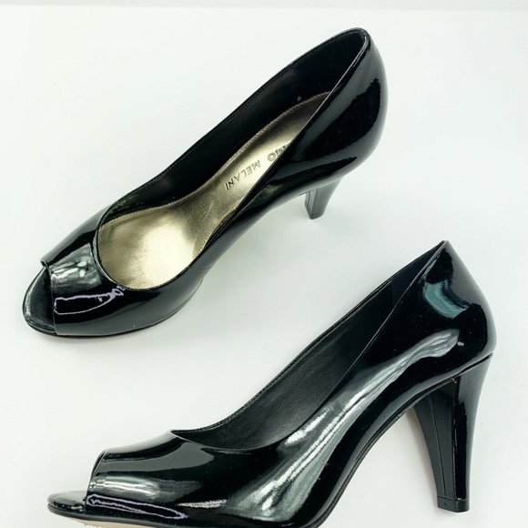 Antonio Melani Marion Heels 5.5 Black Patent Leather Shiny Classic Peep Toe - Picture 2 of 8